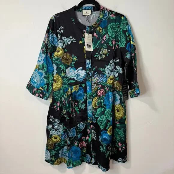 Tuckernuck Women's Verdant Floral Royal Shirt Dress Black Blue Large Garden EUC - Picture 2 of 11